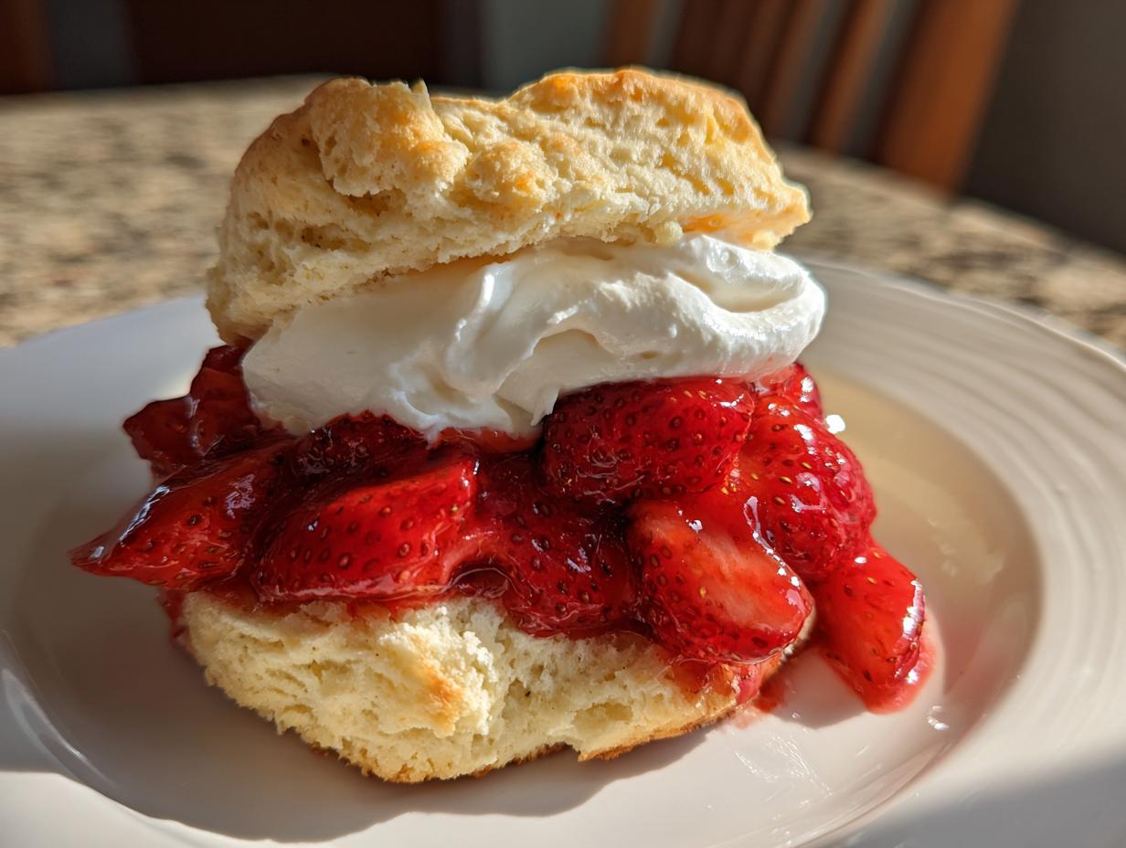 A single serving of strawberries and cream shortcake featuring a split biscuit, macerated strawberries, and whipped cream.