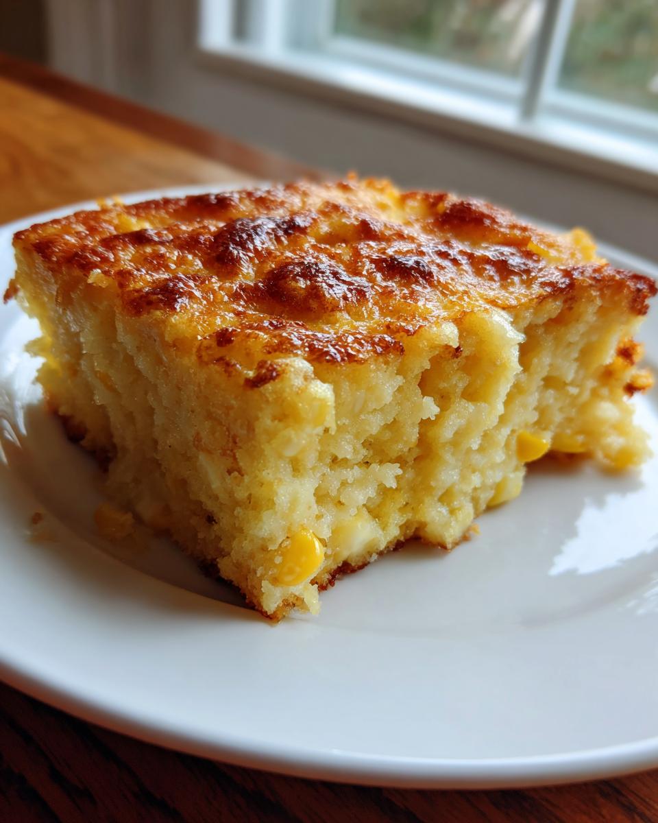 A close-up of a square slice of moist, golden corn pudding with a browned, slightly crispy top, served on a white plate.