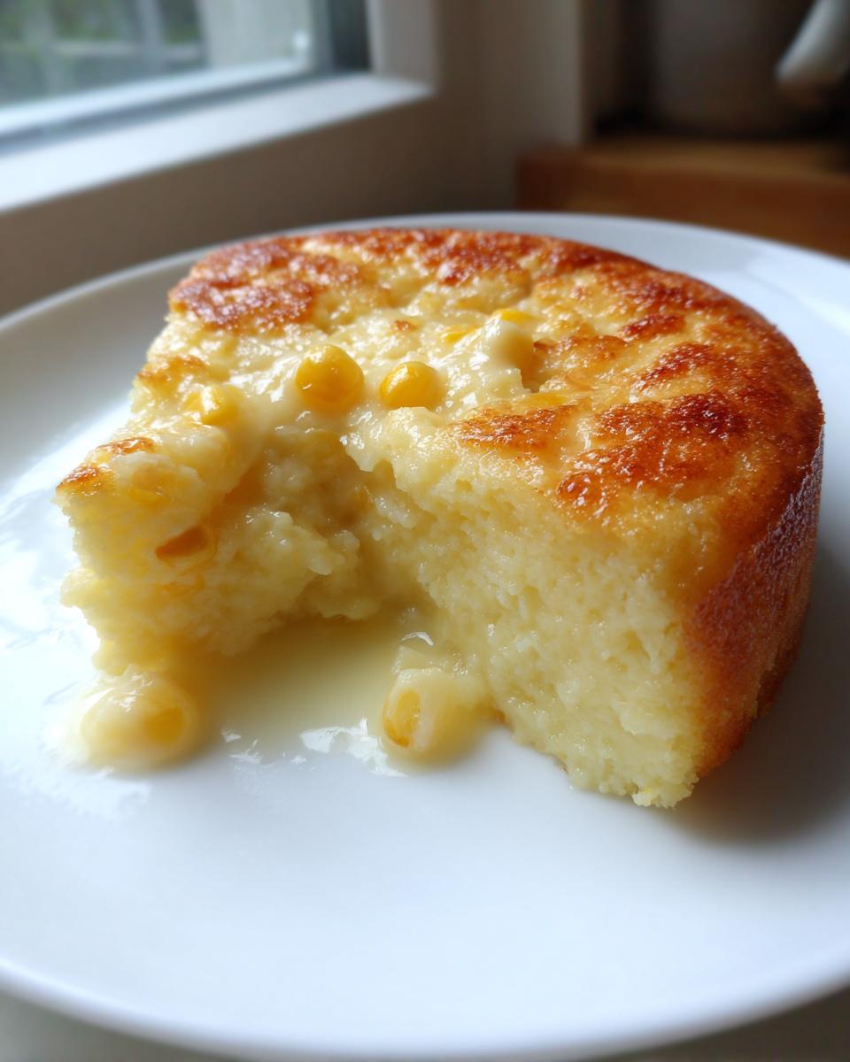 A close-up of a moist, golden-brown slice of corn pudding on a white plate, showing creamy texture and whole corn kernels.