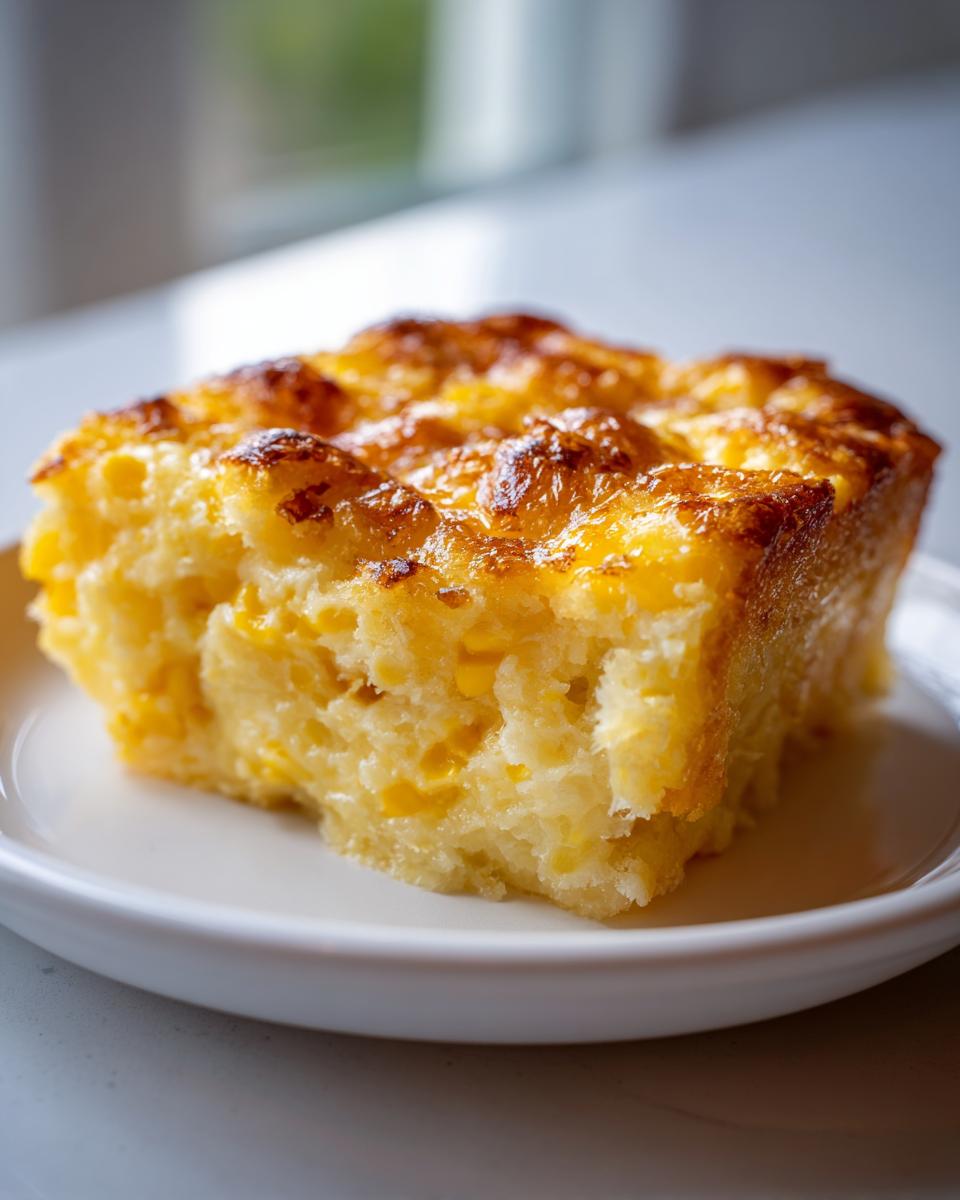 A golden-brown, square slice of creamy corn pudding served on a white plate.