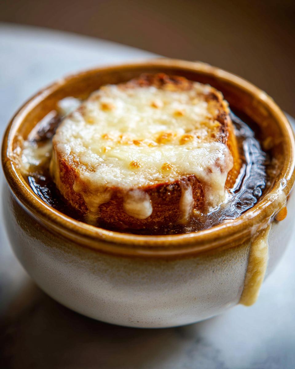 A close-up of classic French onion soup in a crock, topped with a crouton and melted, bubbly Gruyère cheese.