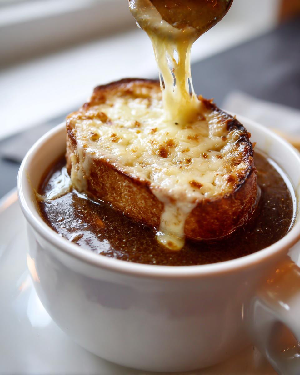 Close-up of classic French onion soup topped with a toasted crouton covered in melted, stringy cheese.