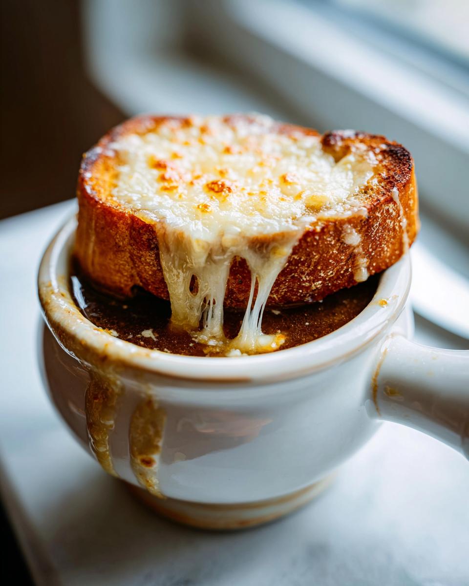 Close-up of a crock of French onion soup topped with a thick, toasted crouton covered in melted, gooey cheese.