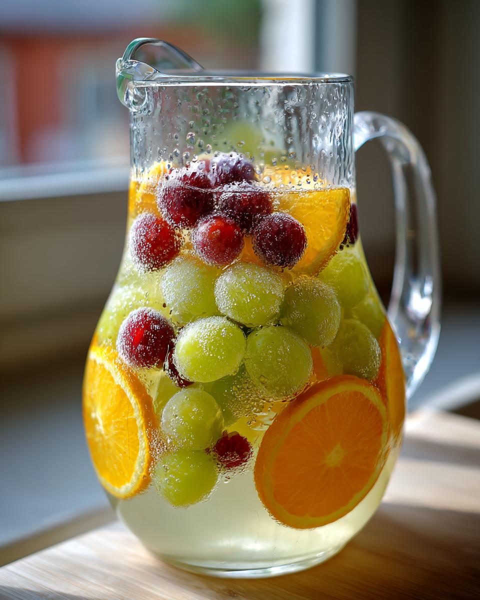 A clear glass pitcher filled with bubbling liquid, green grapes, red berries, and orange slices, representing frozen grape sangria.