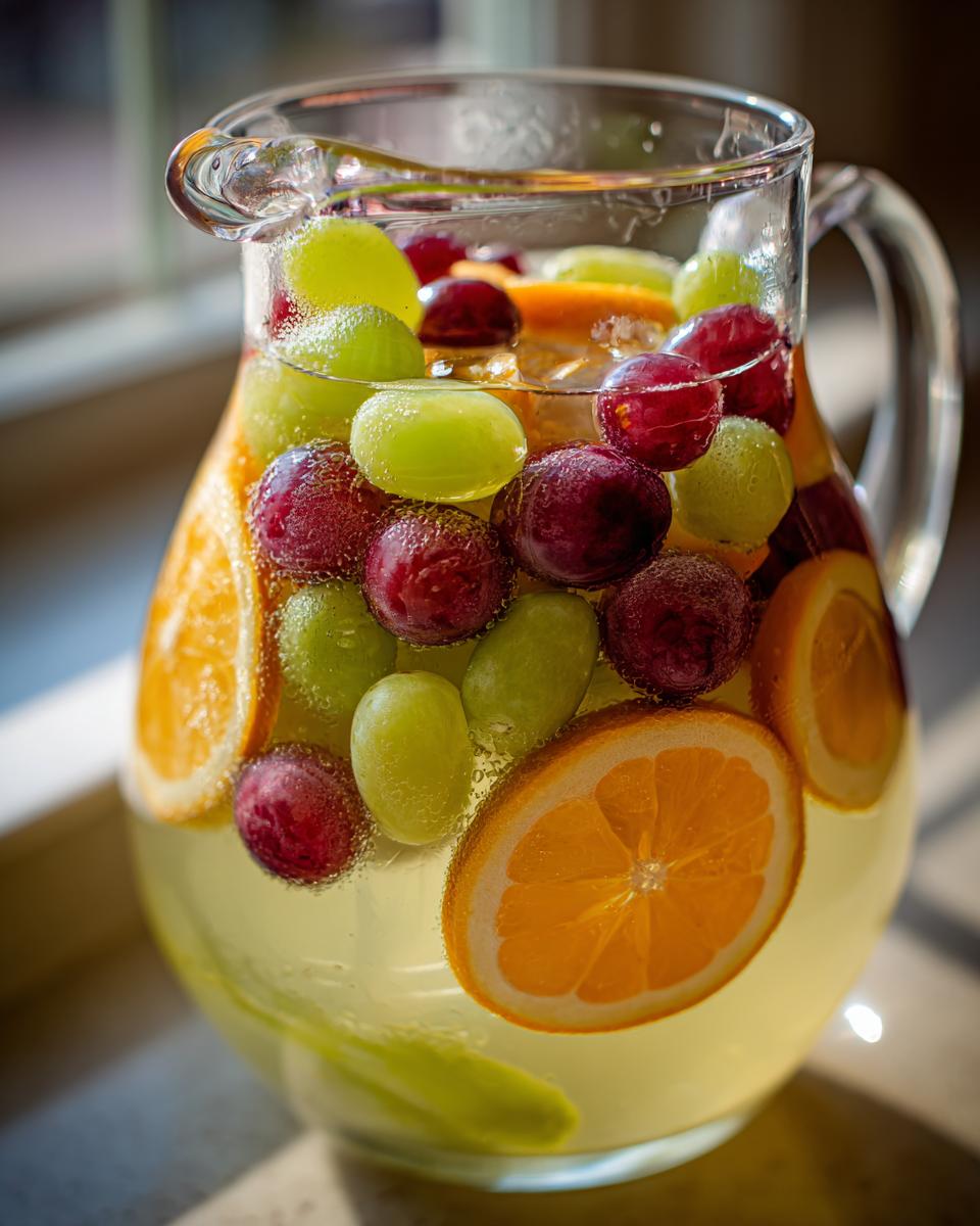 Close-up of a glass pitcher filled with Frozen grape sangria, loaded with red and green grapes and orange slices.