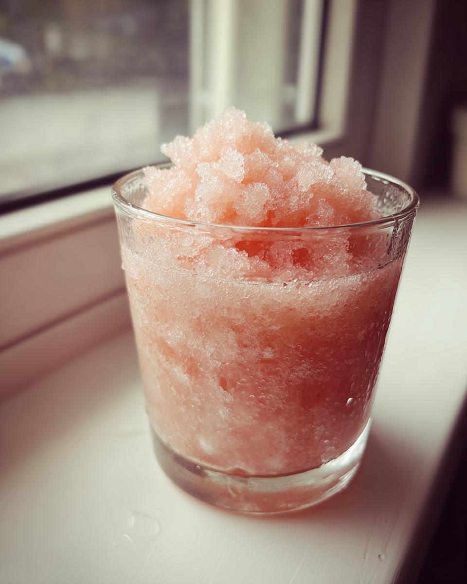 A close-up of a glass filled high with pink, icy Frozen rosé (frosé) mixture sitting on a white windowsill.