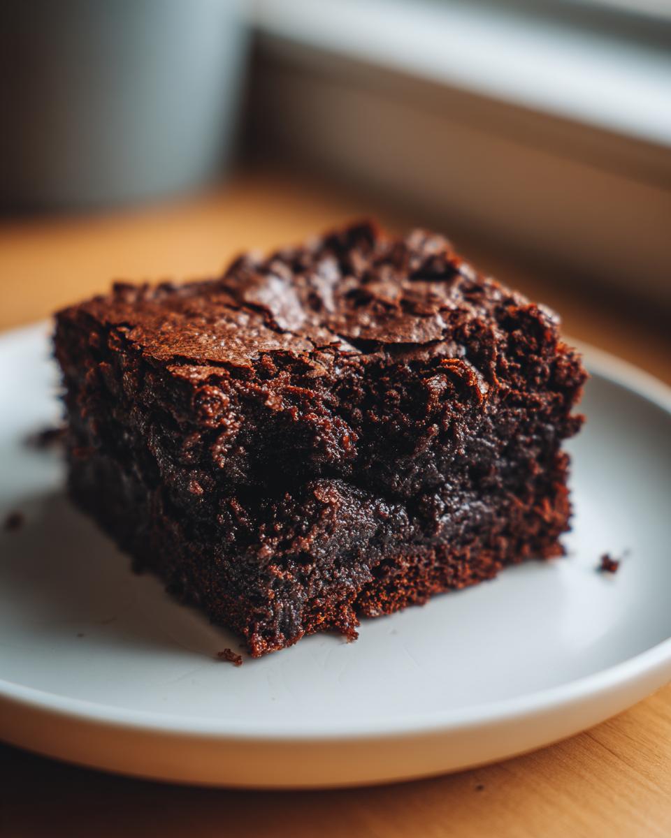 A close-up, decadent slice of fudgy Cottage Cheese Brownie resting on a white plate.