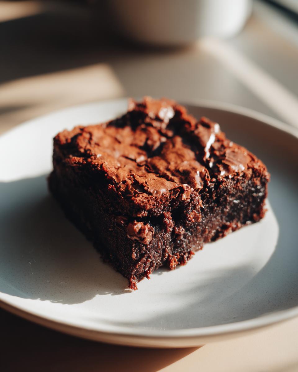 A close-up of a rich, fudgy Cottage Cheese Brownie square with a crackly top, sitting on a light-colored plate.