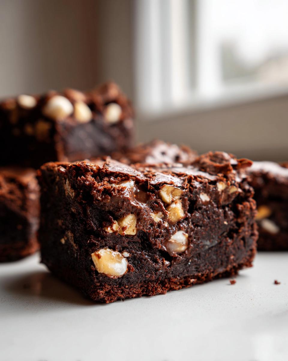 Close-up of a fudgy Rocky Road Brownie bite loaded with marshmallows and nuts.