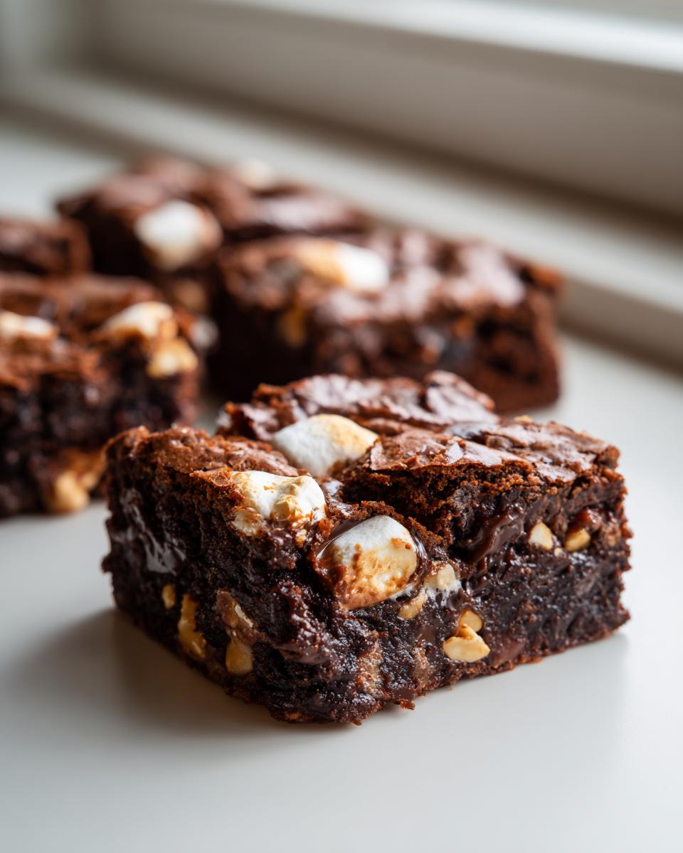 A close-up of a fudgy Rocky Road Brownie bite topped with toasted marshmallows and nuts.