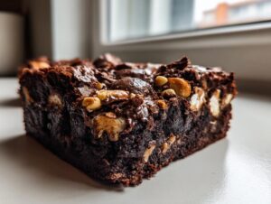 Close-up of a fudgy Rocky Road Brownie bite showing marshmallows, nuts, and melted chocolate topping.
