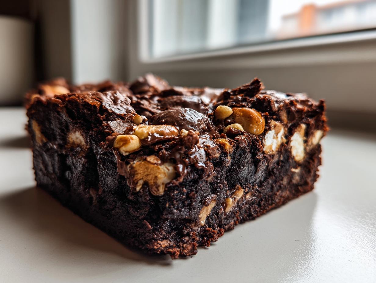 Close-up of a fudgy Rocky Road Brownie bite showing marshmallows, nuts, and melted chocolate topping.