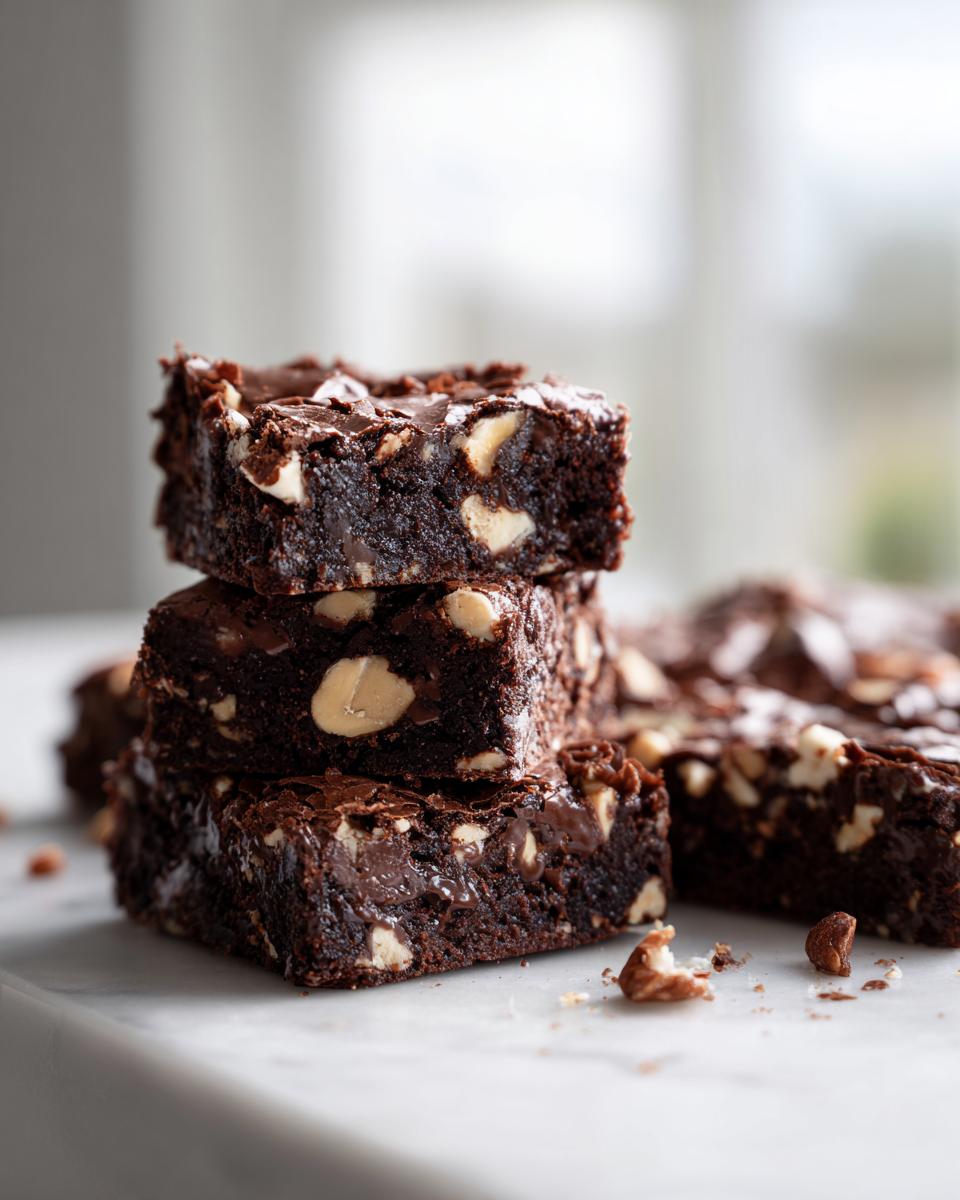 A stack of three fudgy Rocky Road brownie bites studded with white marshmallows or nuts, sitting on a white marble surface.