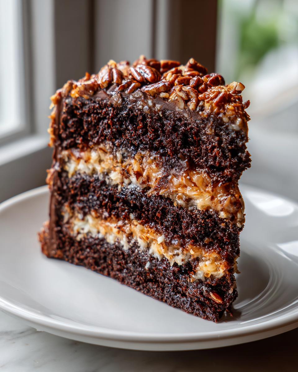 A tall, decadent slice of German chocolate cake showing three layers of dark cake, coconut-pecan filling, and topped with pecans.