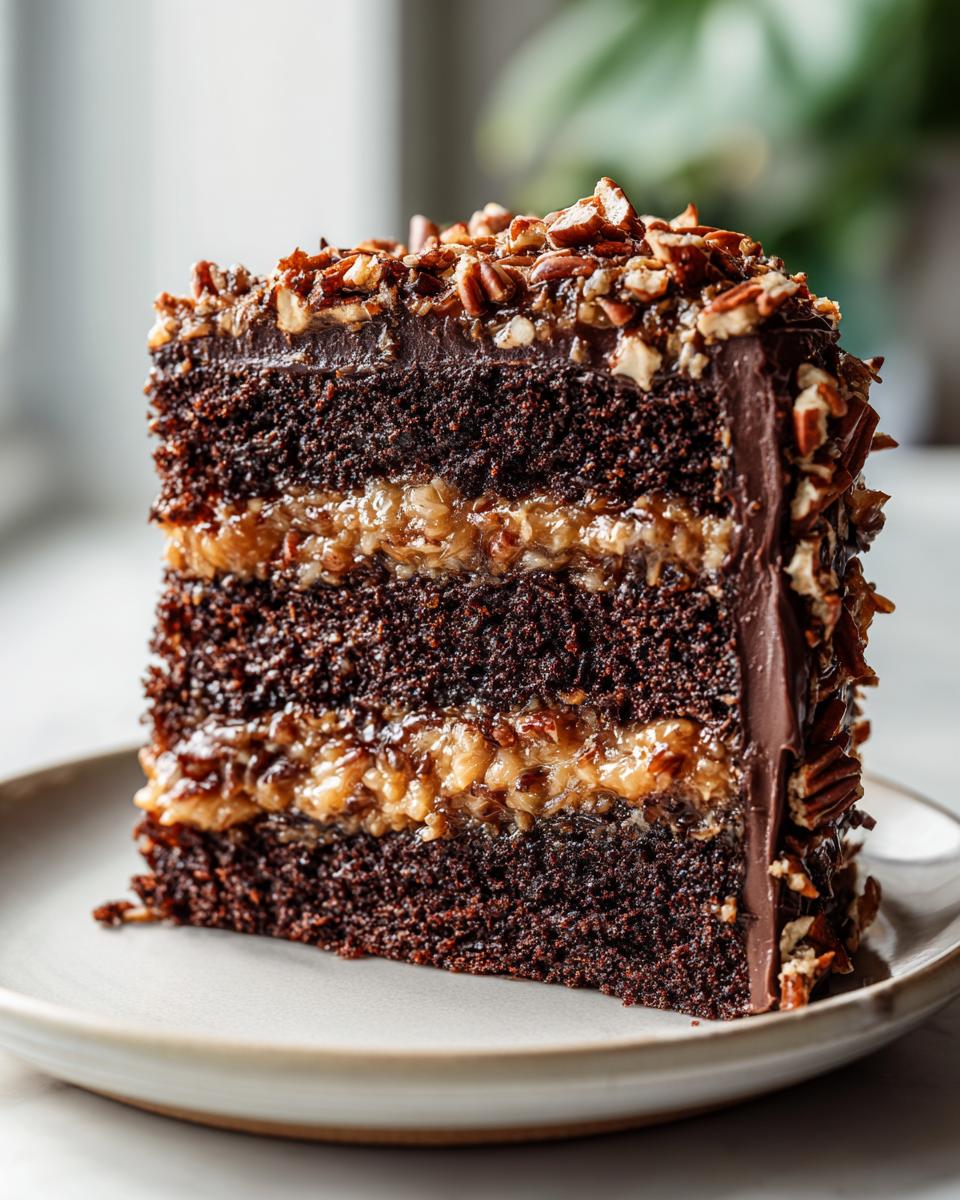 Close-up of a decadent slice of German chocolate cake showing three dark layers and coconut-pecan filling.