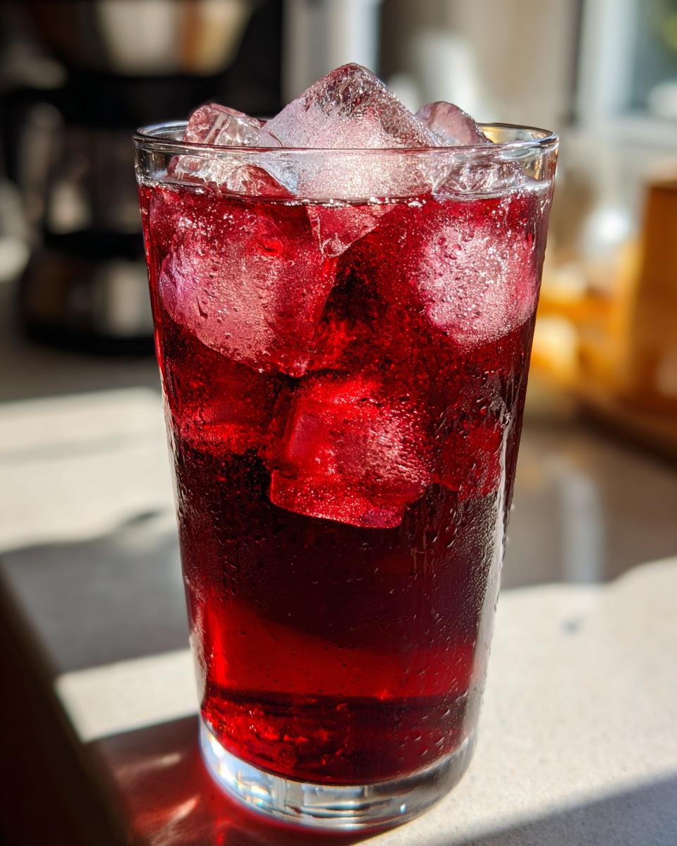 Close-up of a tall glass filled with vibrant red Hibiscus iced tea and large ice cubes, glistening in the sunlight.