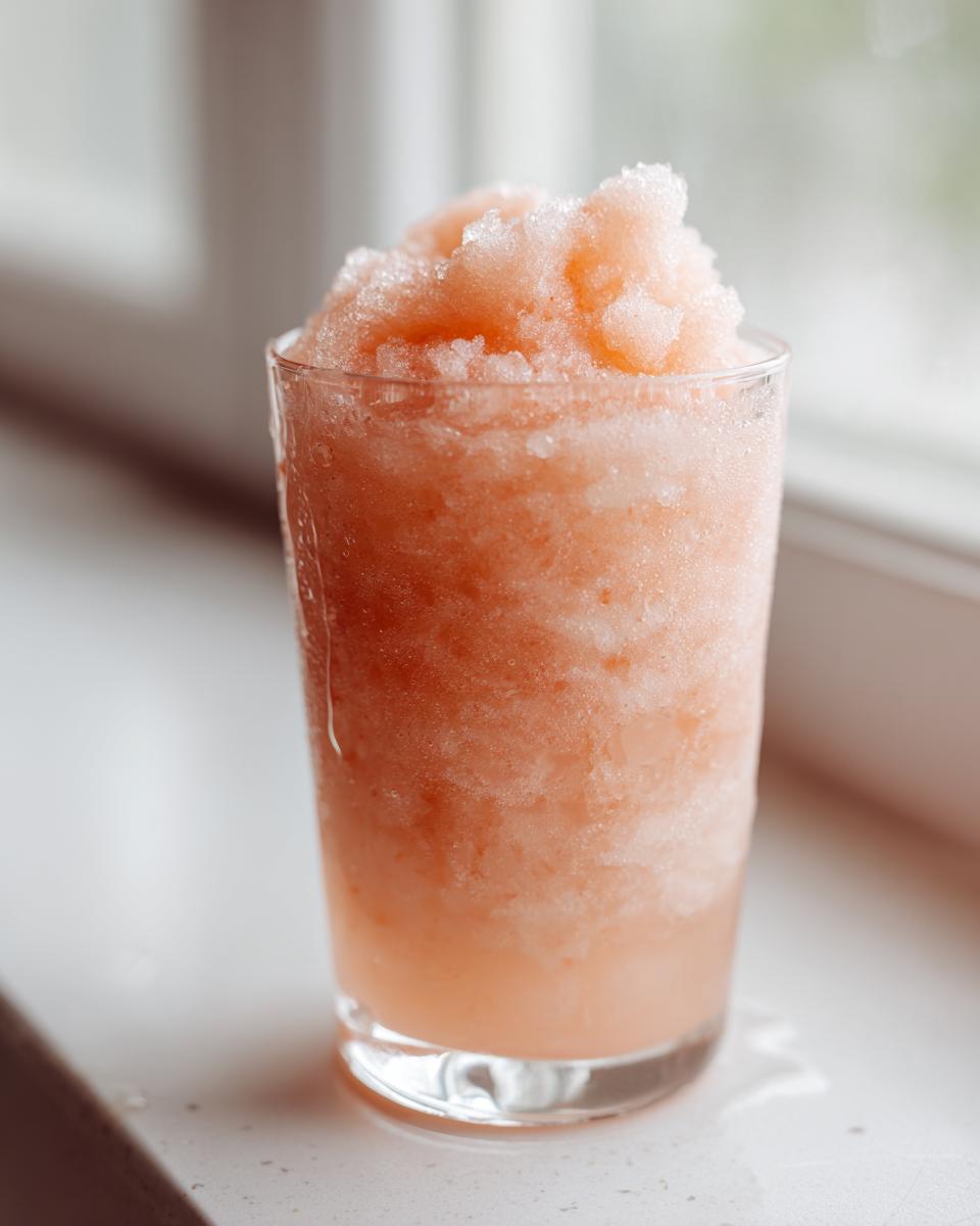 Close-up of a tall glass filled with icy, pale pink Frozen rosé (frosé) drink.