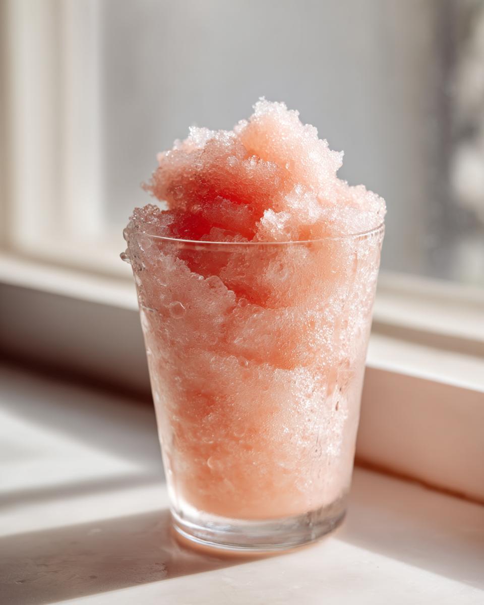 A tall glass filled with icy, pink Frozen rosé (frosé) mixture sitting on a sunlit windowsill.