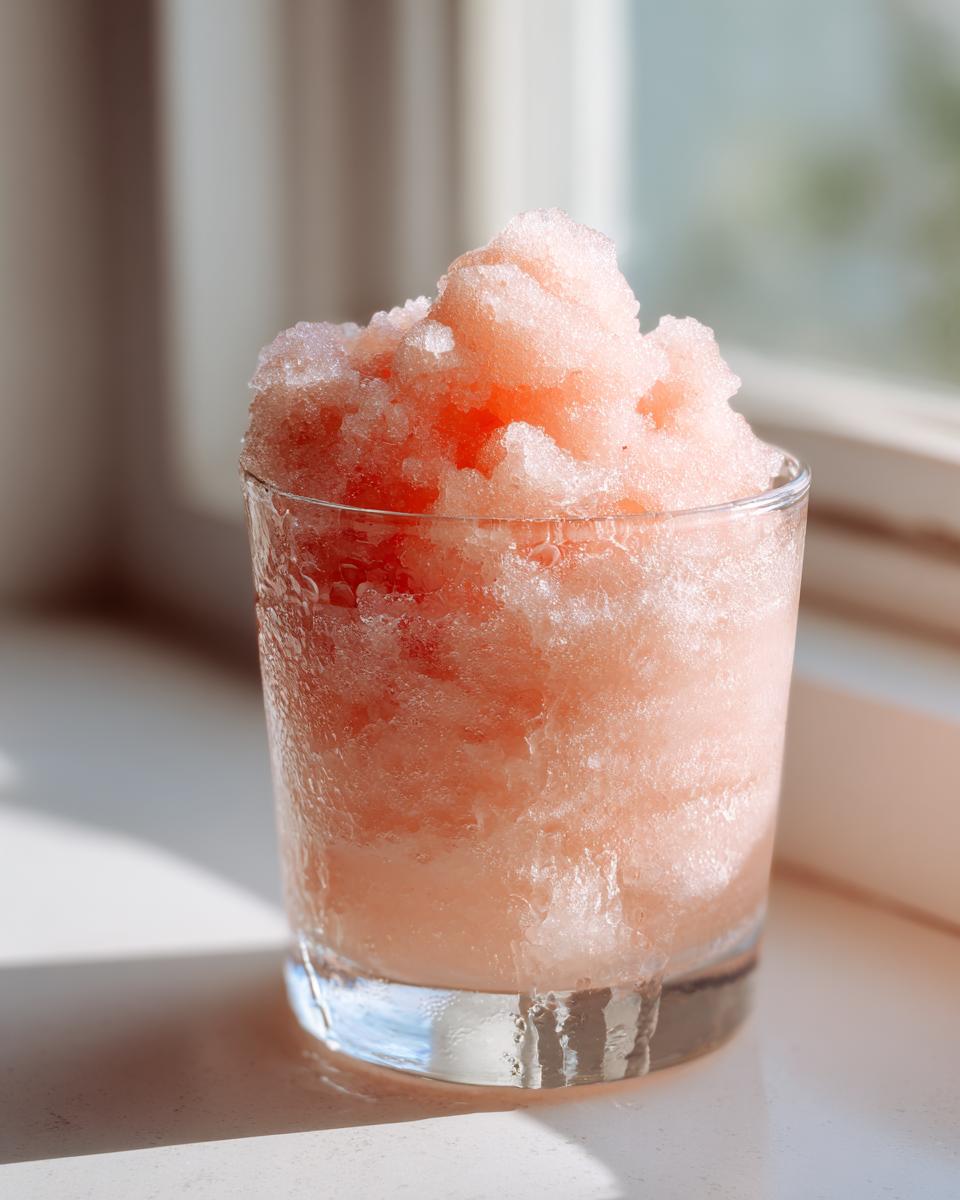 A tall glass filled with icy, pink Frozen rosé (frosé) slush, glistening in bright sunlight.