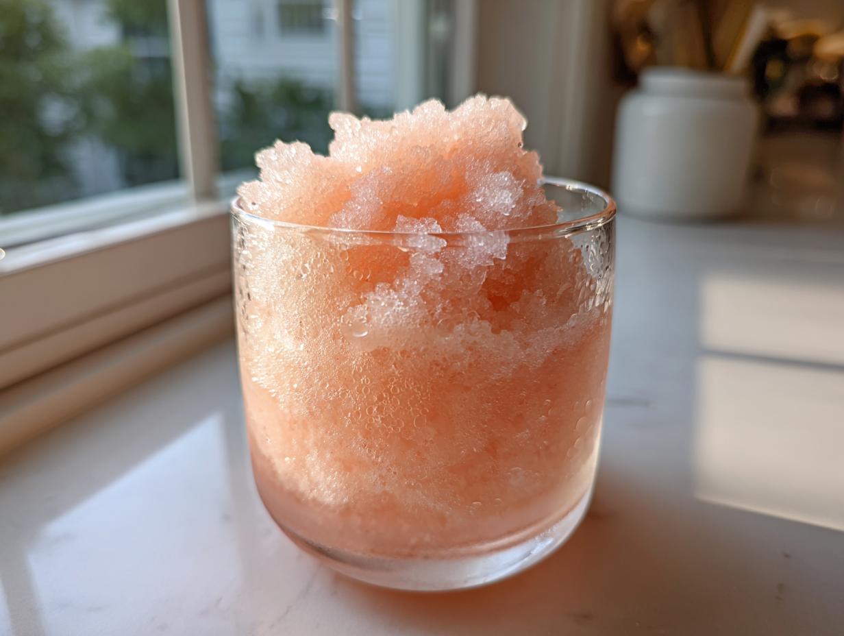 Close-up of a glass filled with icy, pink Frozen rosé (frosé) sitting on a sunlit windowsill.