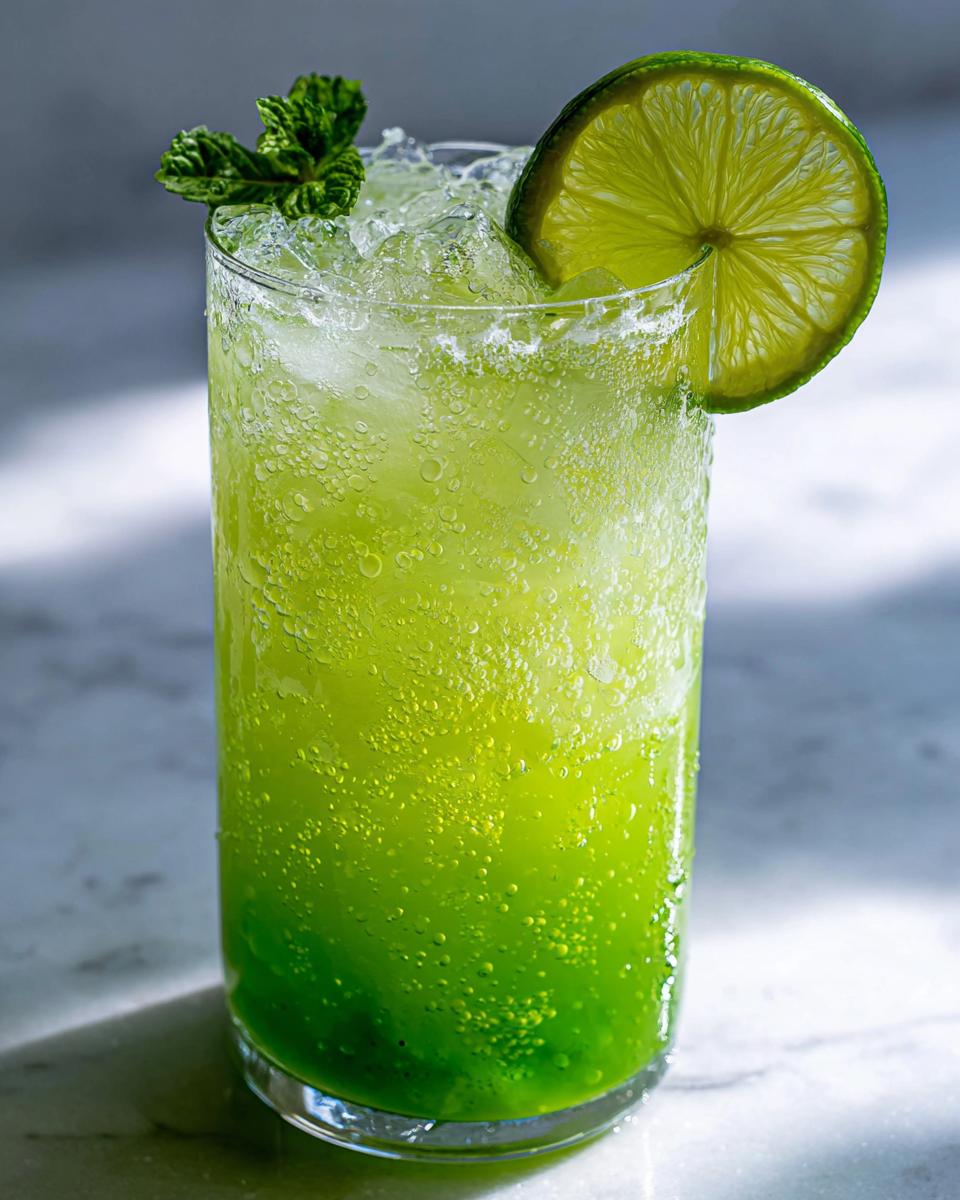 A tall glass filled with vibrant green, bubbly Mint limeade, crushed ice, and garnished with a lime wheel and mint sprig.