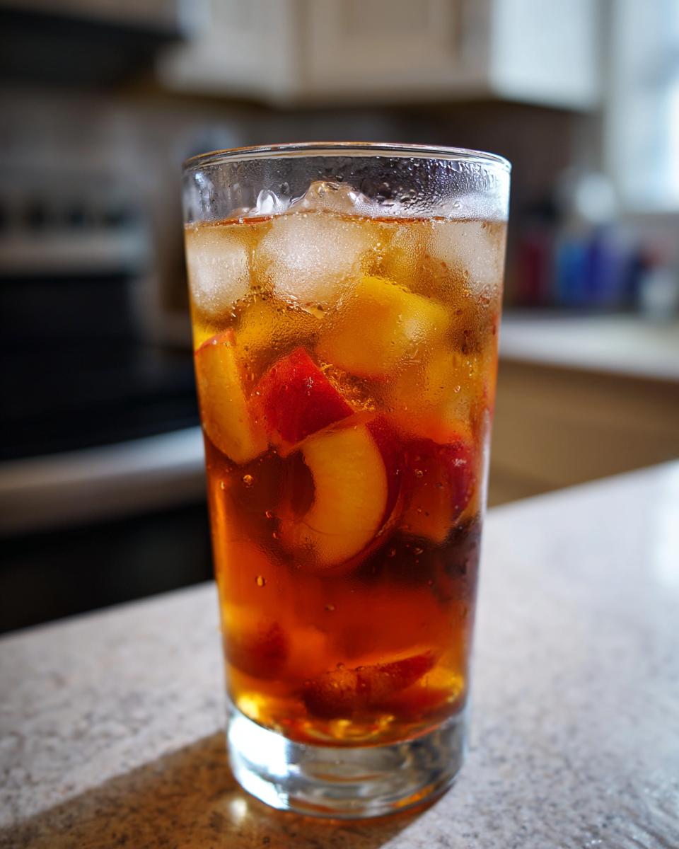 A tall, sweating glass filled with cold Peach iced tea, ice cubes, and slices of fresh peaches.