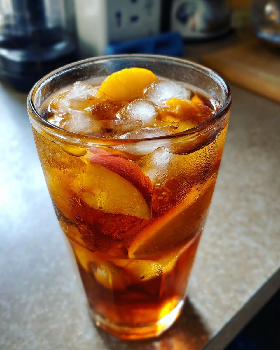 Close-up of a tall, sweating glass filled with rich brown Peach iced tea, ice cubes, and fresh peach slices.
