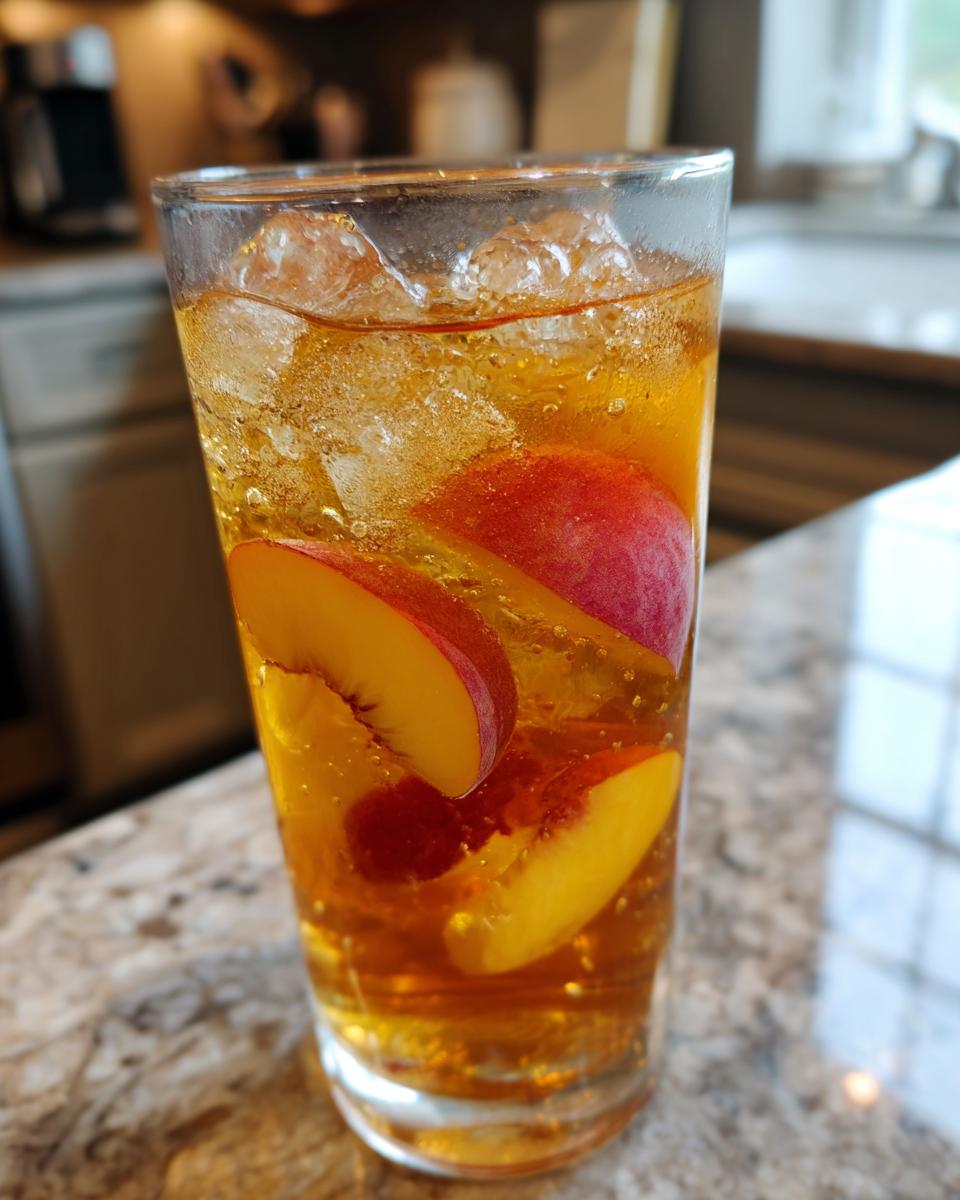 Close-up of a tall glass filled with bubbling Peach iced tea, ice cubes, and slices of fresh peach.