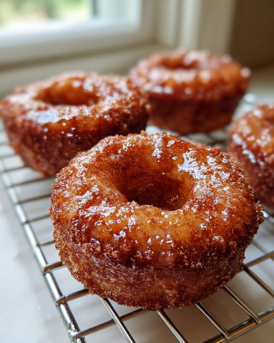 Close-up of a freshly baked, glazed Applesauce donuts coated in cinnamon sugar cooling on a wire rack.