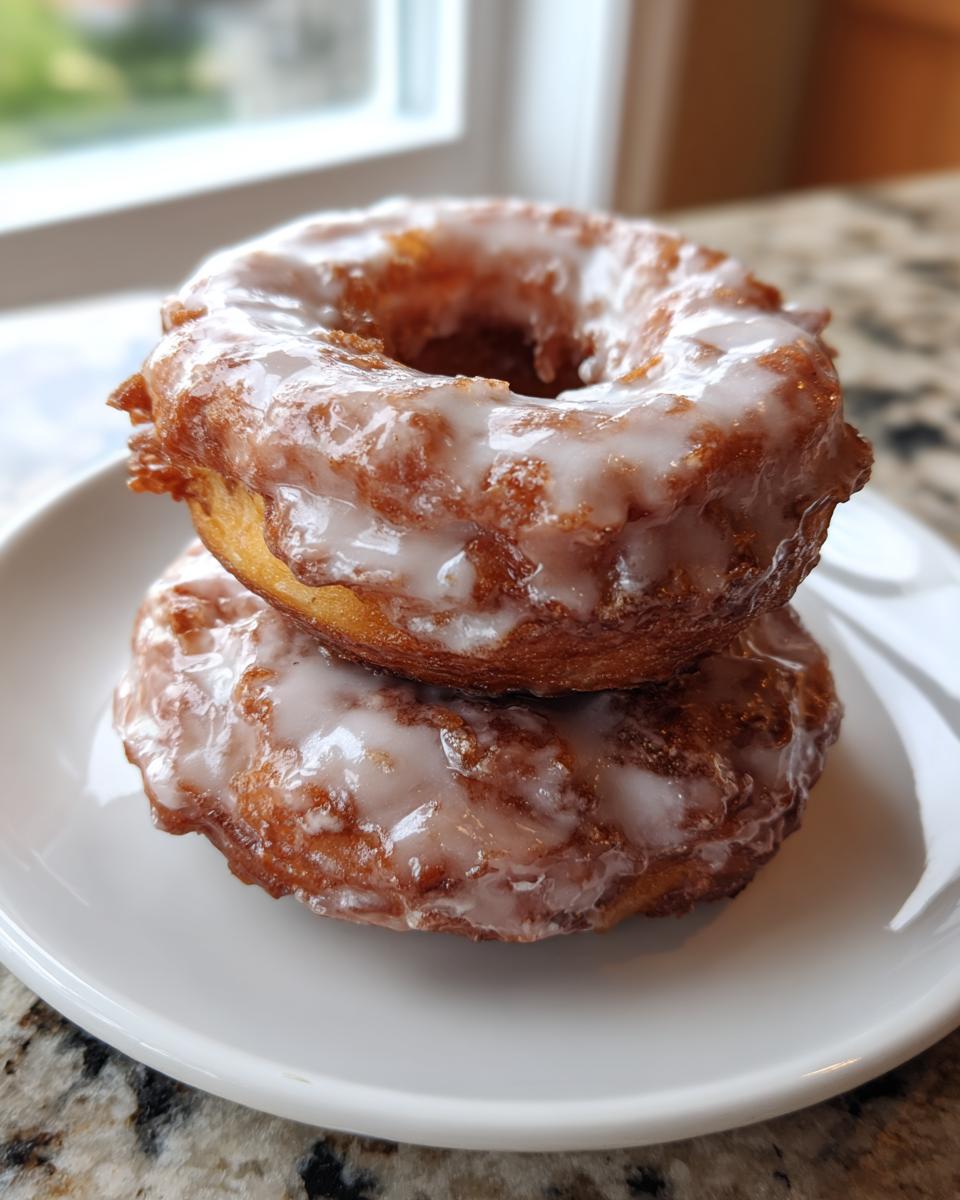 Two glazed old fashioned cake donut stacked on a white plate, showing a rich, craggy texture.