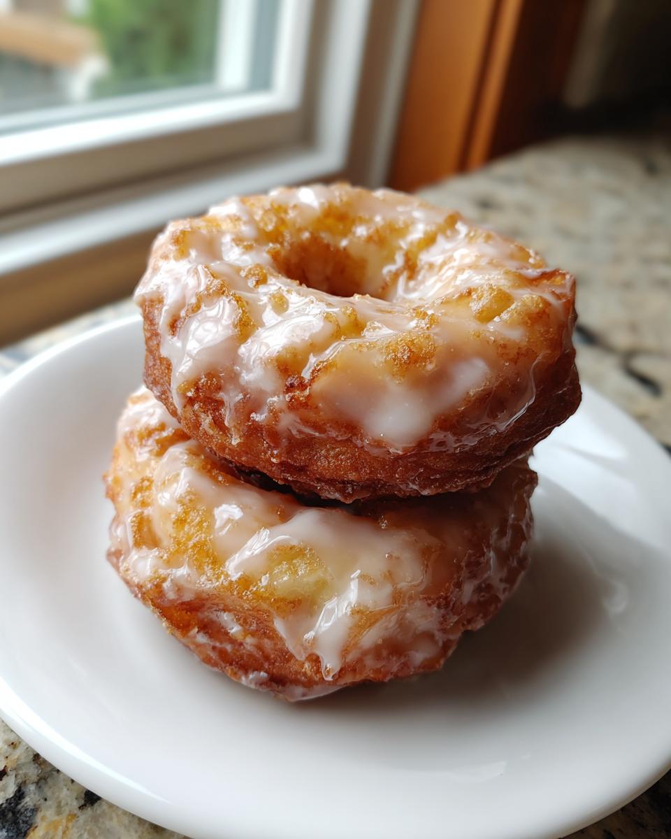 Two delicious old fashioned cake donut treats stacked on a white plate with a light glaze.