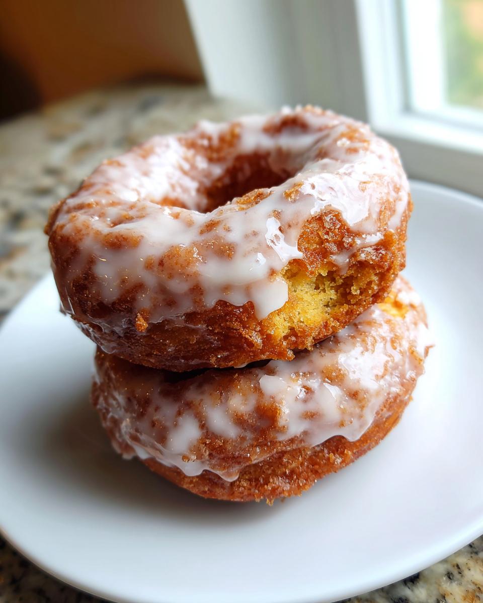 Two stacked, golden brown Old fashioned cake donut treats covered in a thick, sweet white glaze.