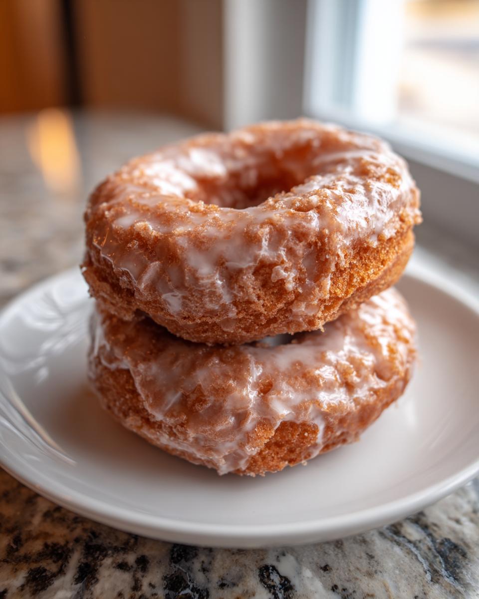 Two delicious old fashioned cake donut treats stacked on a white plate with a light glaze.