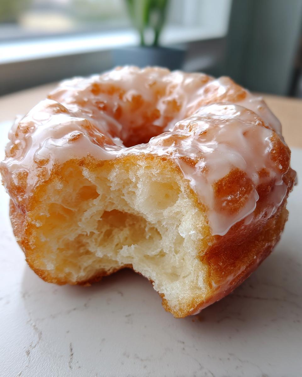 Close-up of a fluffy, golden Glazed yeast donut with a bite removed, showing the airy interior texture.