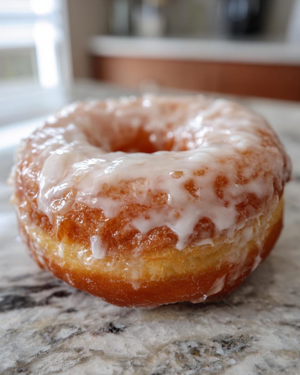 A close-up, appetizing view of a freshly made Glazed yeast donut resting on a granite countertop.