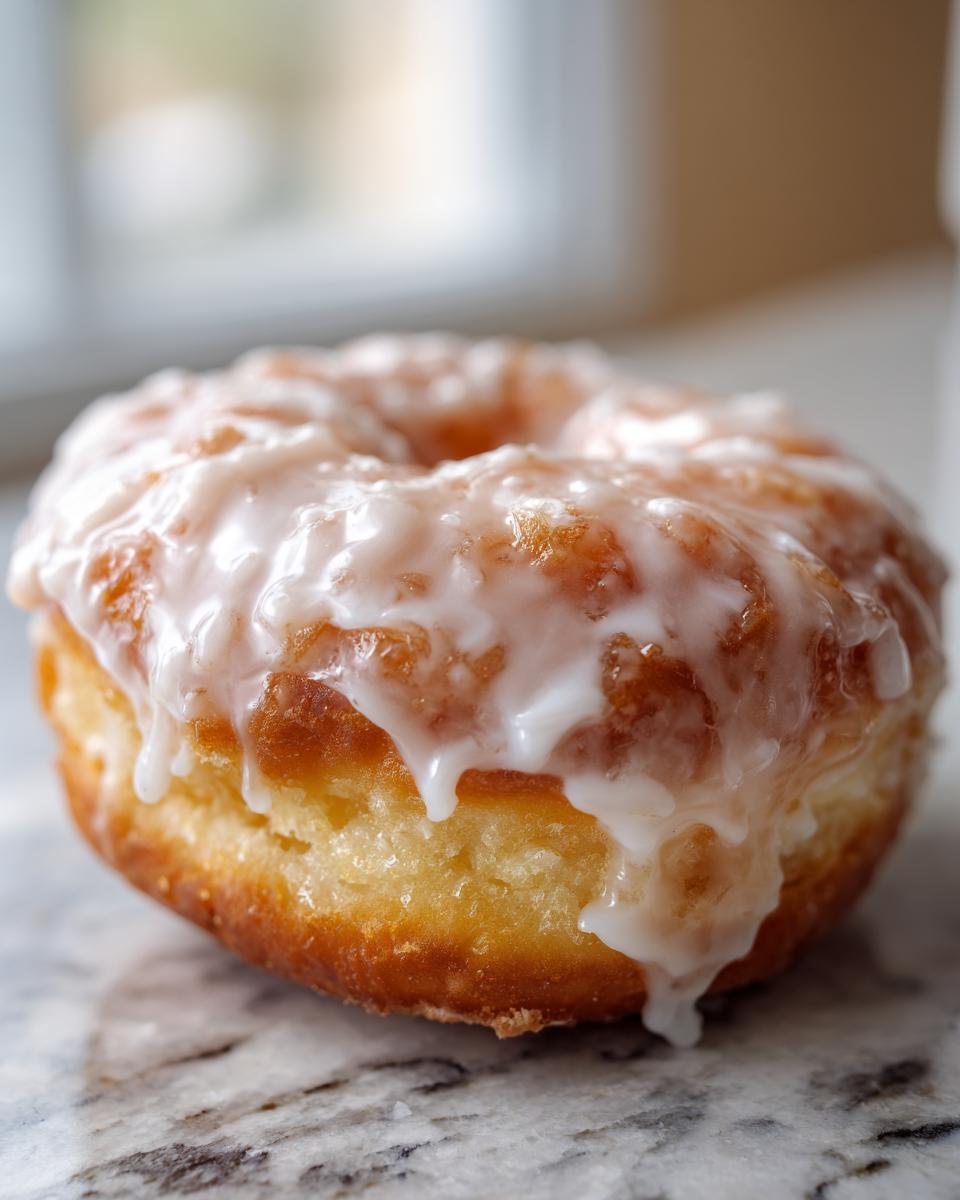 A close-up of a fluffy, golden-brown glazed yeast donut with thick white icing dripping down the sides.