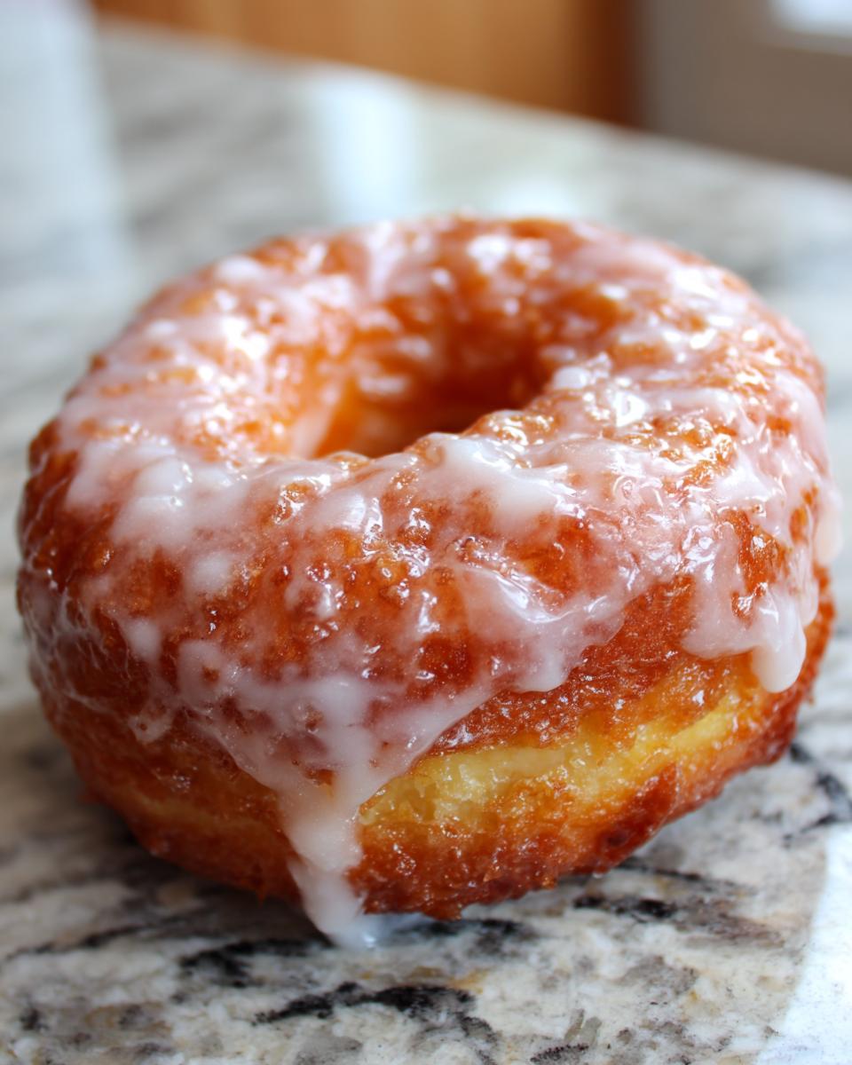 A close-up photo of a freshly made, golden-brown Glazed yeast donut with thick, dripping white icing.