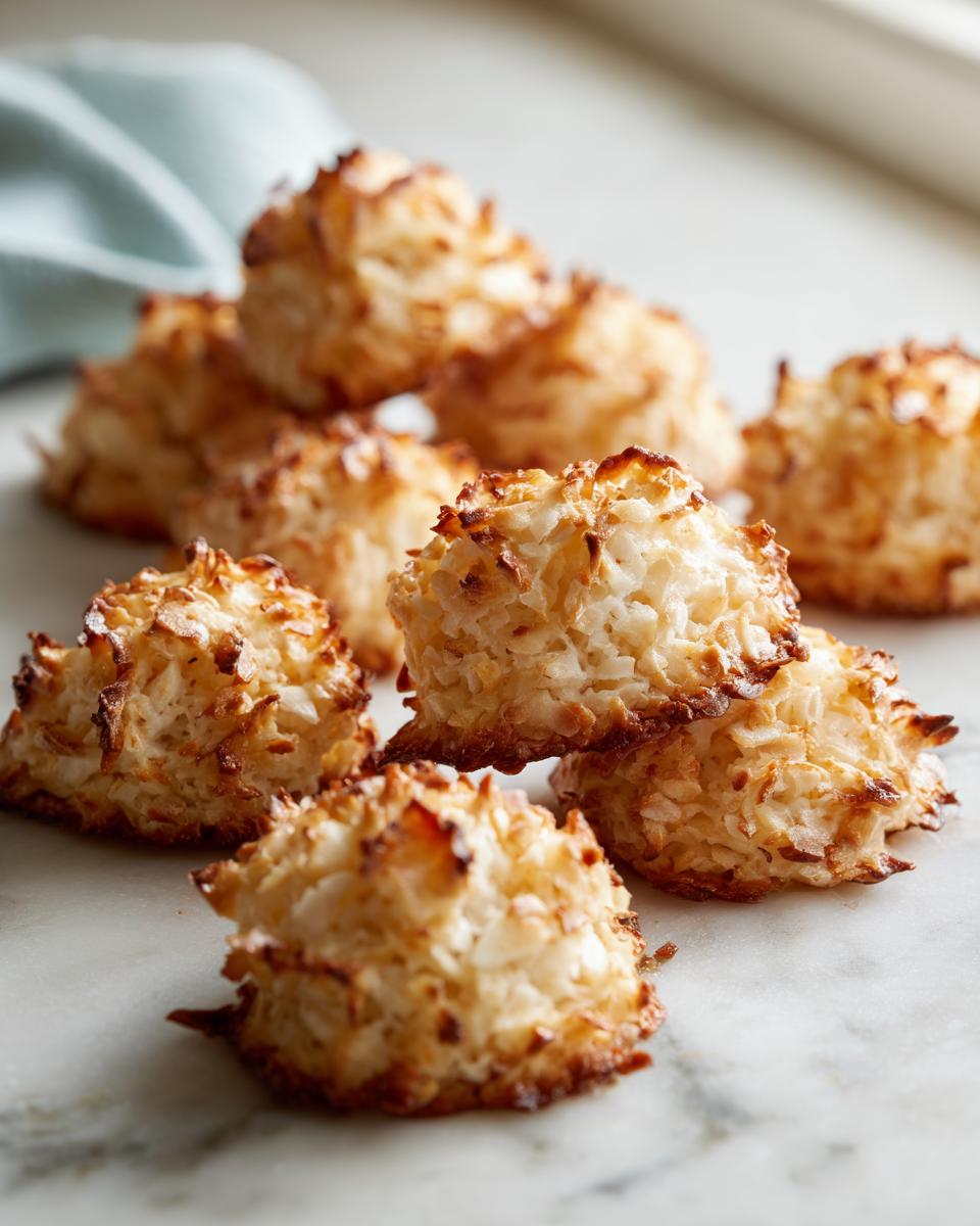 A cluster of freshly baked, golden brown almond macaroon cookies resting on a white marble surface.
