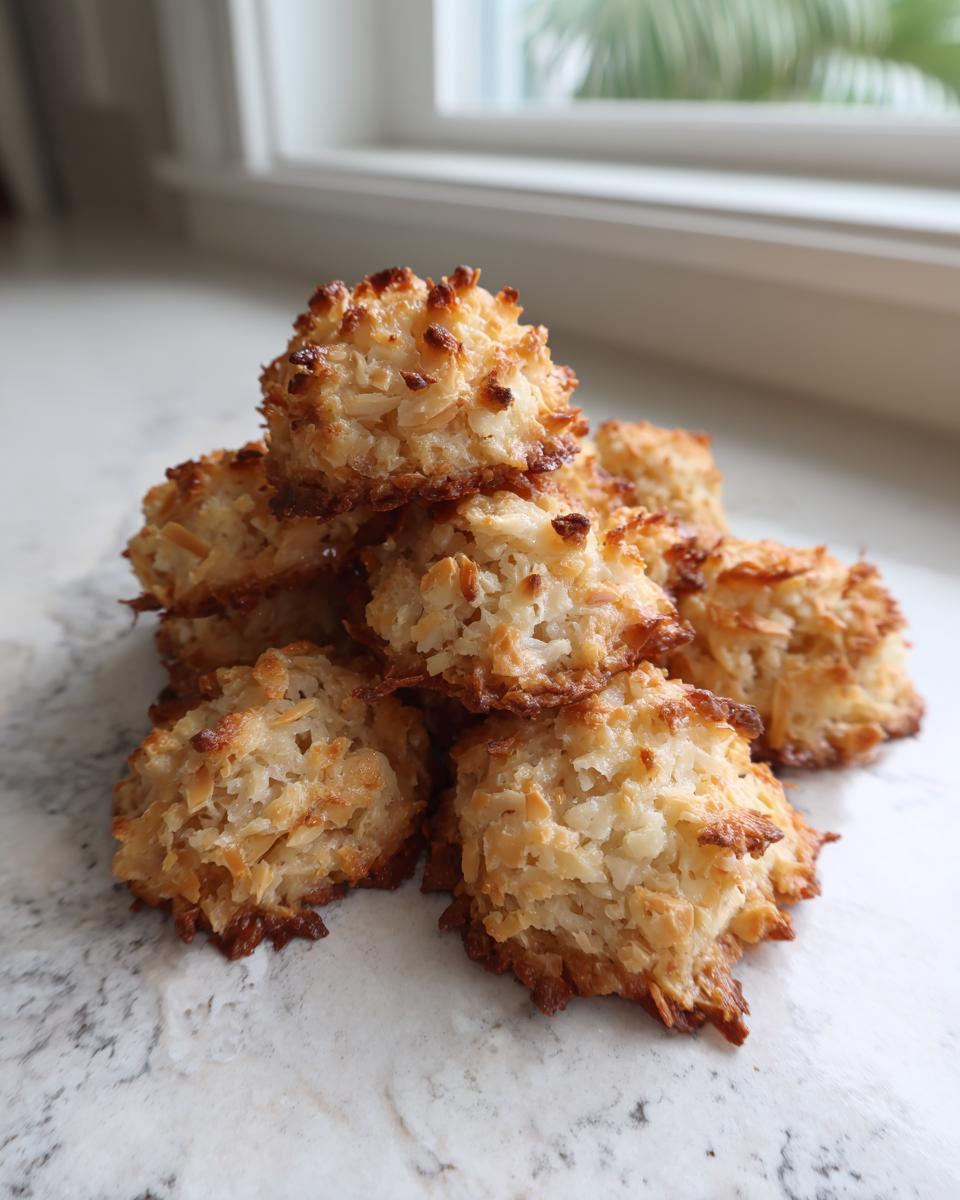 A small pile of golden brown, toasted almond macaroon cookies stacked on a white marble surface near a window.