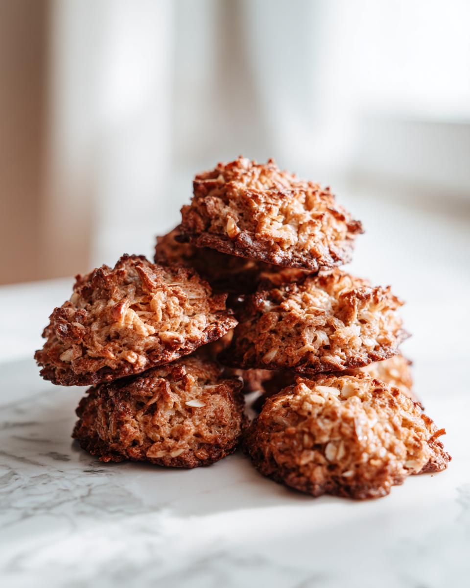 A small stack of perfectly baked, golden brown Almond macaroon cookies with crispy edges, resting on a white marble surface.