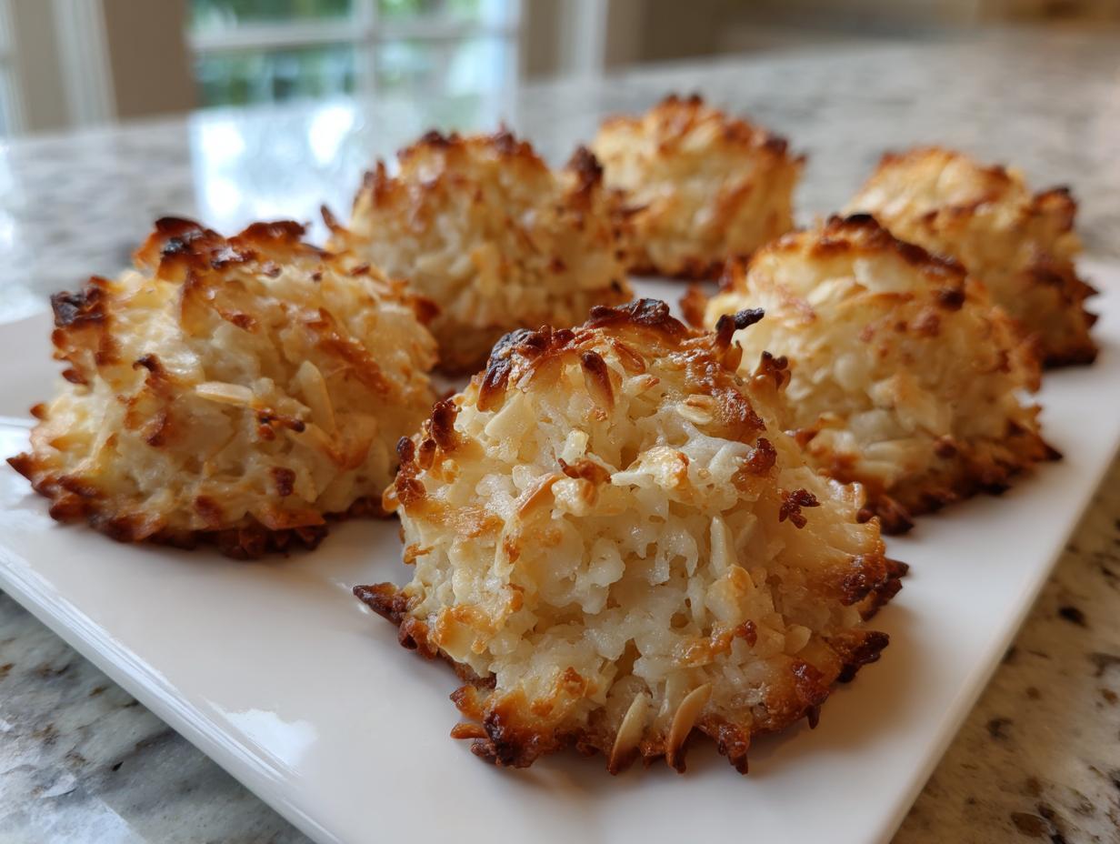 Close-up of several perfectly baked almond macaroon treats with toasted edges, arranged on a rectangular white serving dish.