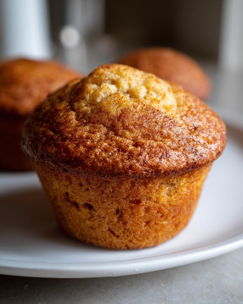Close-up of a golden brown, domed Applesauce Muffin sprinkled with cinnamon on a white plate.