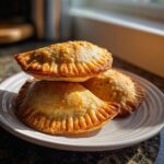 Three golden-brown, baked beef empanadas stacked on a white plate, illuminated by sunlight.
