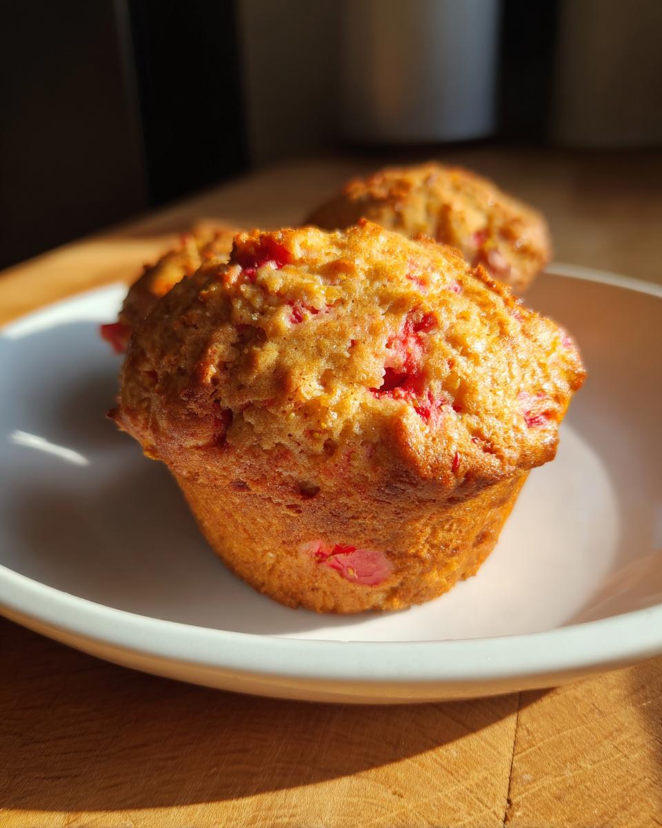 A close-up of a freshly baked, golden Strawberry Rhubarb Muffin with visible red fruit pieces.