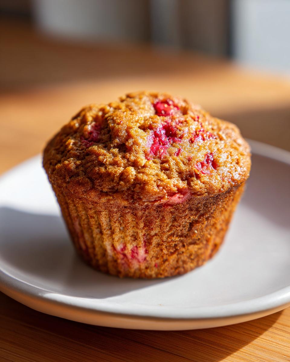 Close-up of a perfectly baked, golden-brown strawberry rhubarb muffin sitting on a small white plate.