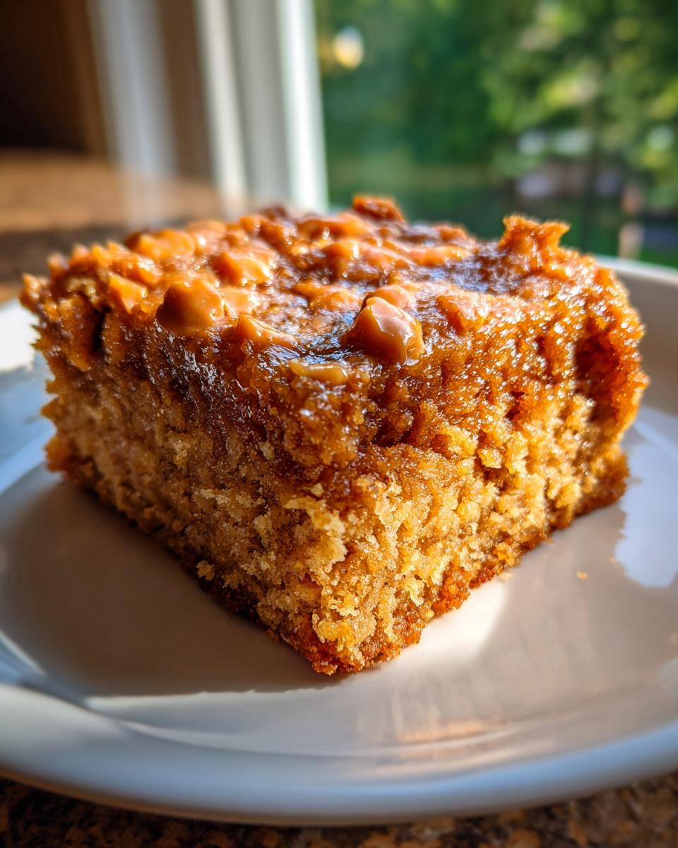 A close-up of a rich, square slice of butterscotch blondies with a glossy, gooey topping, sitting on a white plate.