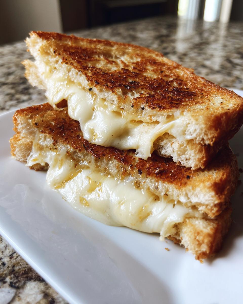 Close-up of a perfectly cooked grilled cheese sandwich cut in half, showing gooey, melted cheese oozing out.