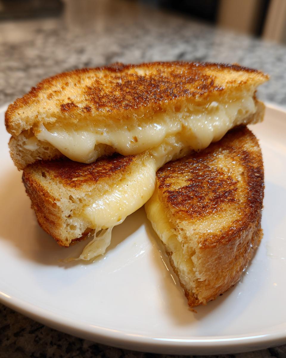Two halves of a golden brown grilled cheese sandwich stacked, showing gooey, melted cheese oozing out.