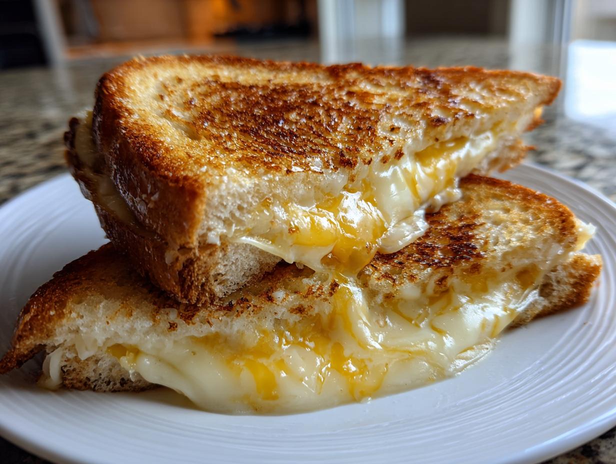 Two halves of a golden brown grilled cheese sandwich stacked, showing gooey, melted cheese oozing out.