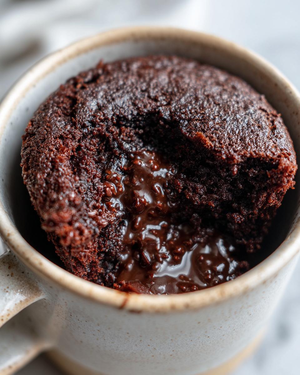 Close-up of a rich, dark Protein chocolate mug cake with a bite taken out revealing a molten, gooey chocolate center.